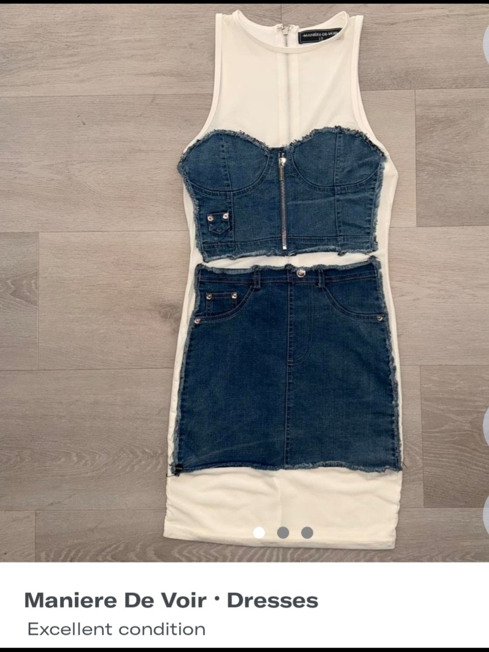 Maniere De Voir White Dress with Dark Blue Denim Bustier Overlay